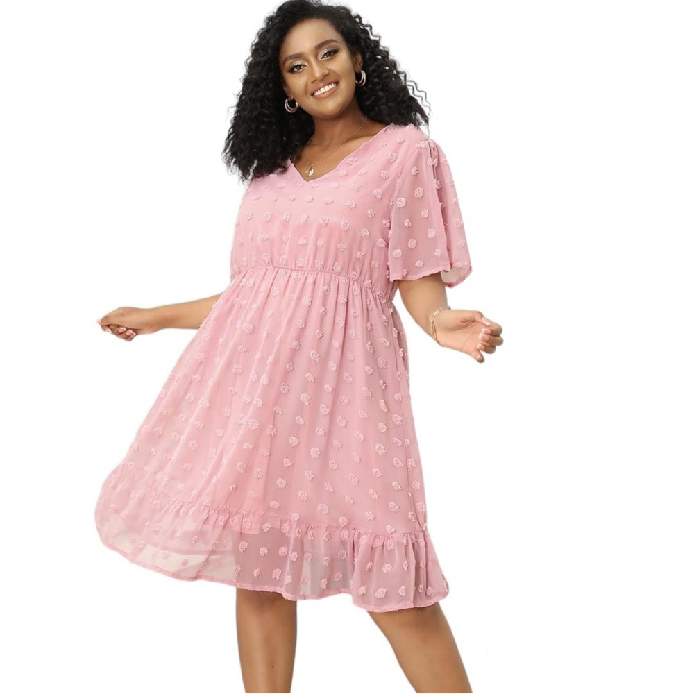 NWT Dress Chiffon Swiss Dot Midi V Neck Short Bell Sleeves Flowy Plus Si… - Picture 5 of 8